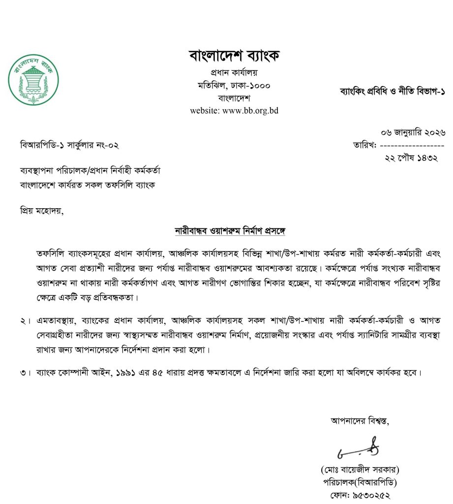 ব্যাংকগুলোকে নারীবান্ধব ওয়াশরুম নির্মাণ করার নির্দেশনা